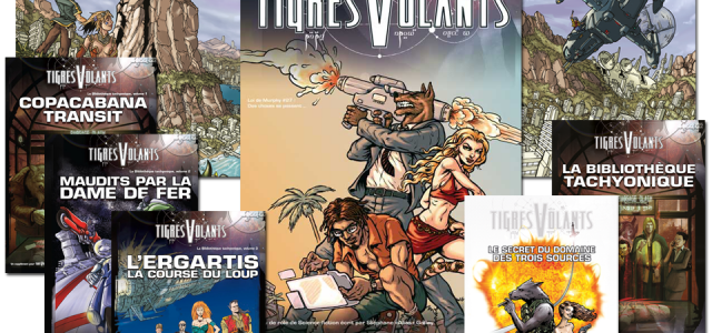 La gamme du jeu Tigres Volants inclut: Le livre de base (320 pages). L&rsquo;écran et son livret de 32 pages, Entre deux eaux. La Bibliothèque tachyonique #1: Copacabana Transit, supplément...